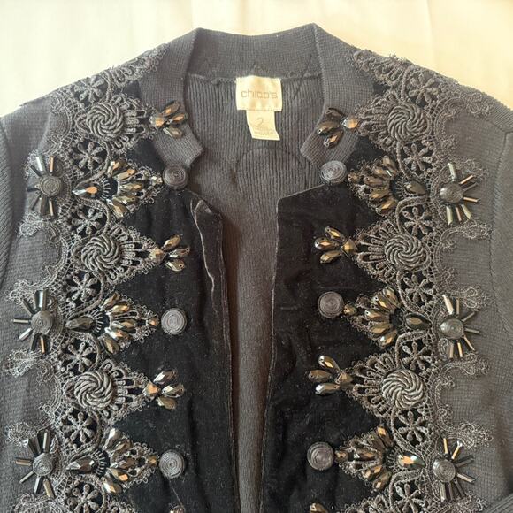 Vintage Chico’s Black Velvet Appliqué Beaded Knit Sweater Jacket Size 2 - Picture 4 of 14